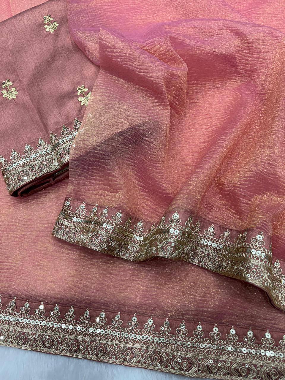 Bollywood Style Banarasi Crush Twill Saree – Sequins & Dori Embroidery Work