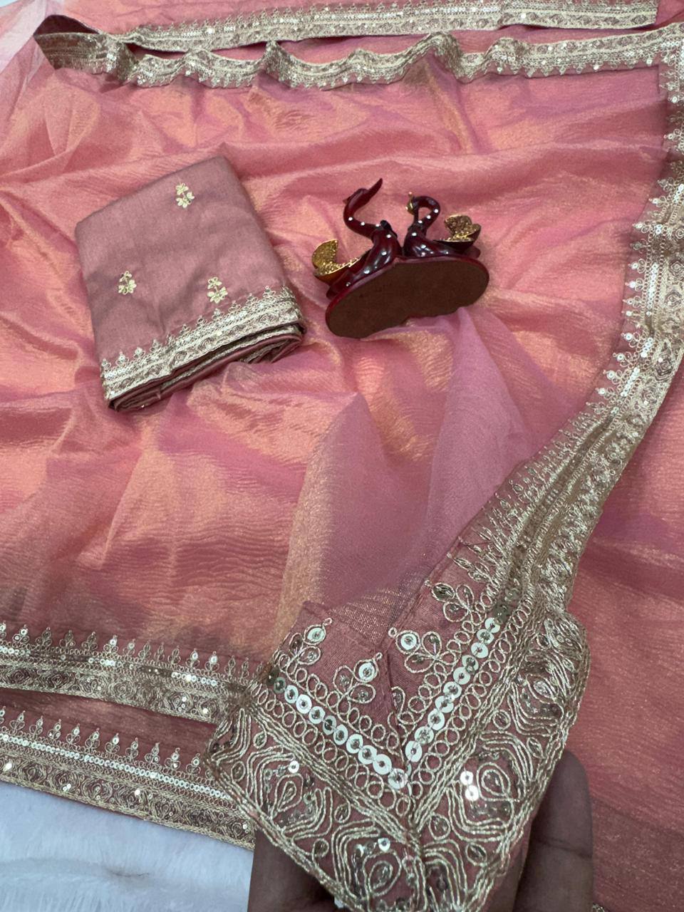 Bollywood Style Banarasi Crush Twill Saree – Sequins & Dori Embroidery Work