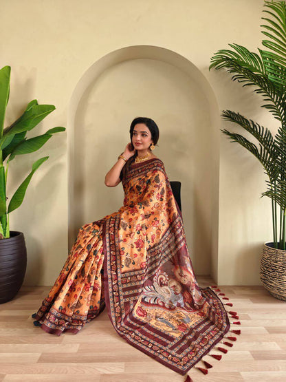 Pure Malai Cotton Saree – Digital Print with Kalamkari Patterns