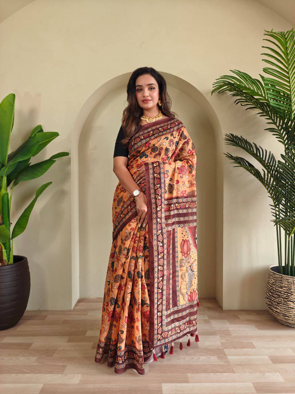 Pure Malai Cotton Saree – Digital Print with Kalamkari Patterns