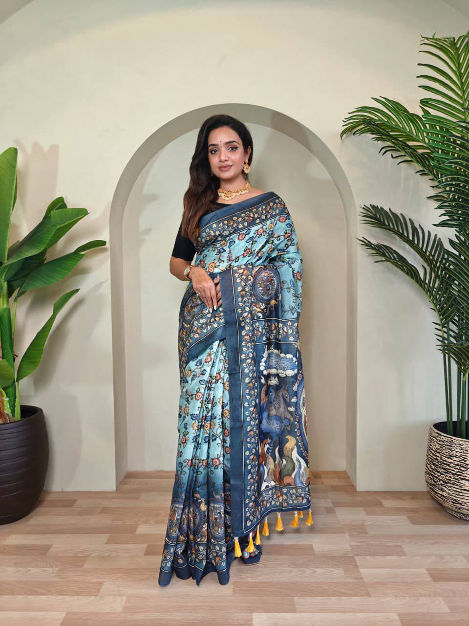 Pure Malai Cotton Saree – Digital Print with Kalamkari Patterns