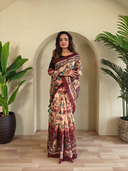 Pure Malai Cotton Saree – Digital Print with Kalamkari Patterns