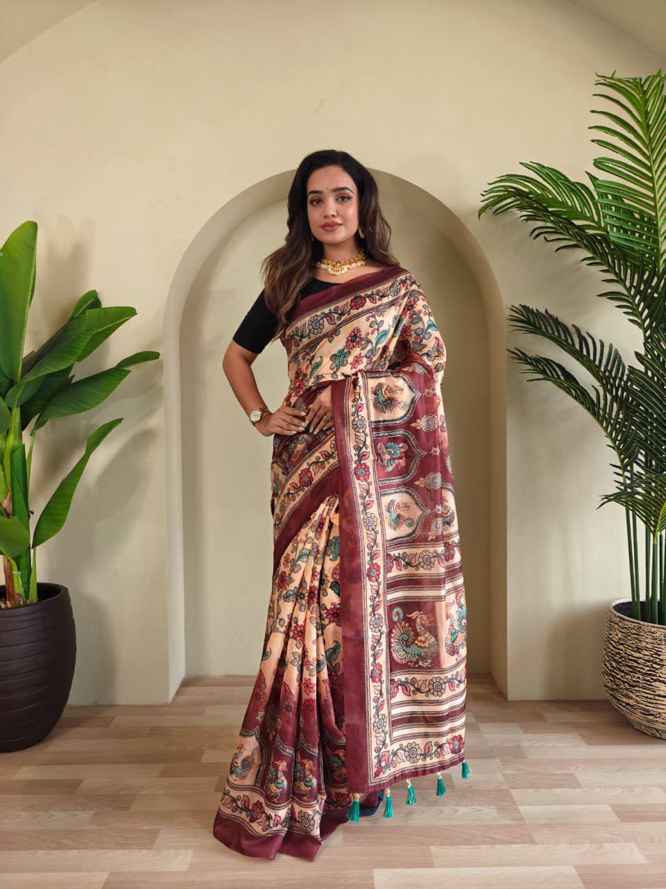 Pure Malai Cotton Saree – Digital Print with Kalamkari Patterns