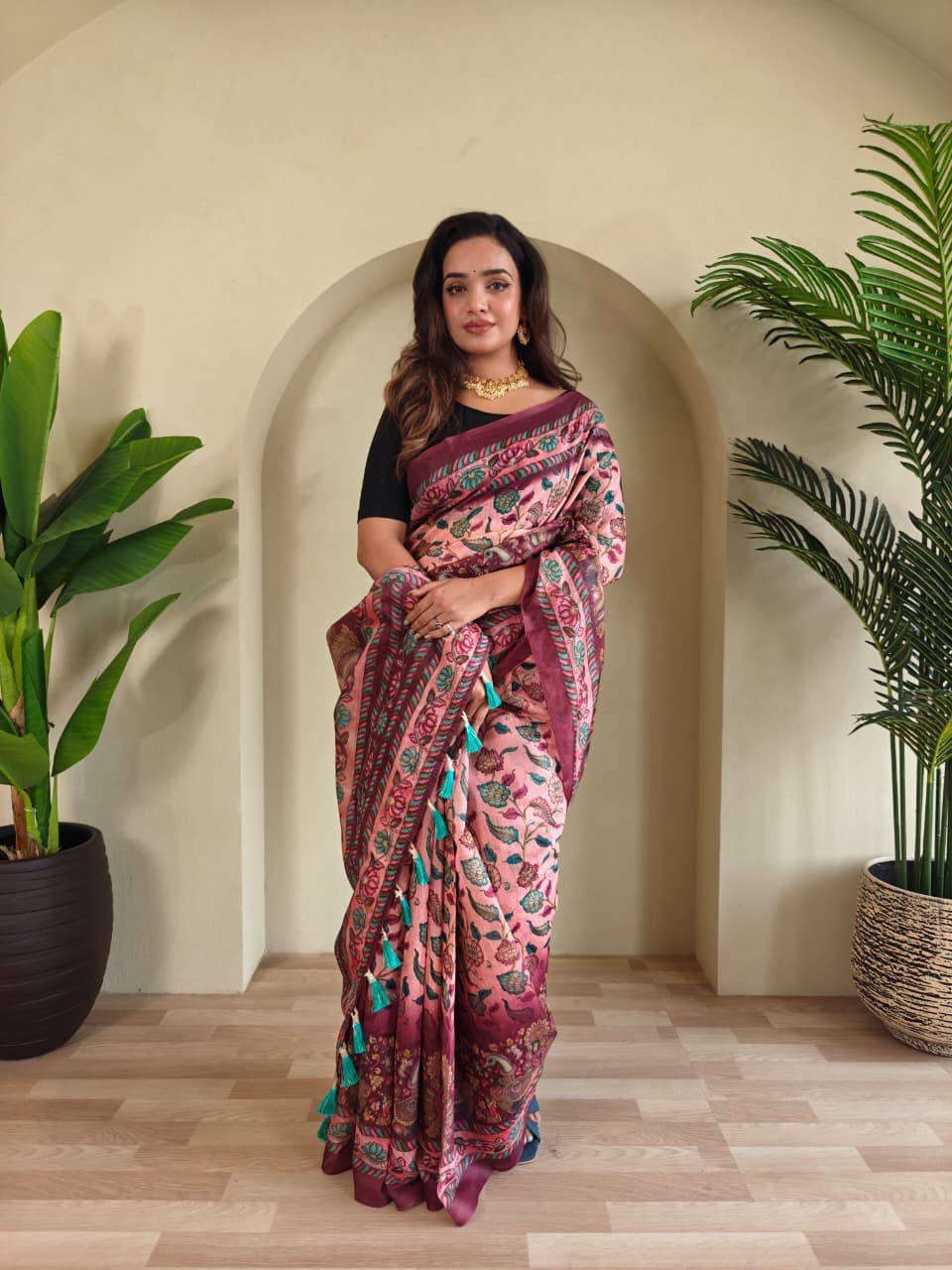 Pure Malai Cotton Saree – Digital Print with Kalamkari Patterns