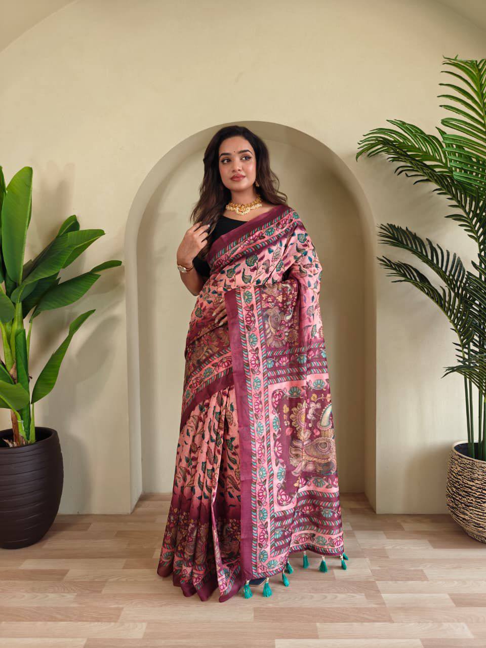 Pure Malai Cotton Saree – Digital Print with Kalamkari Patterns