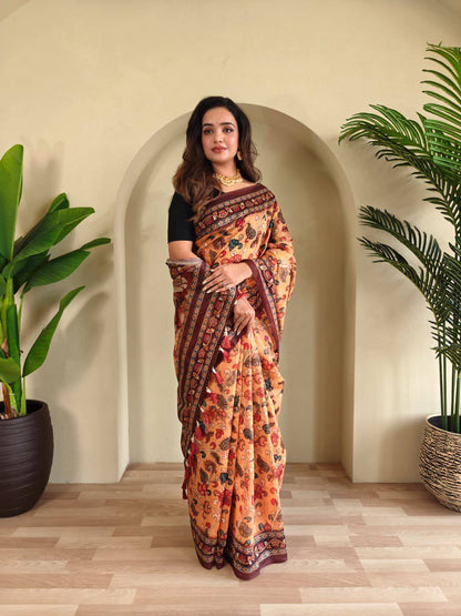Pure Malai Cotton Saree – Digital Print with Kalamkari Patterns