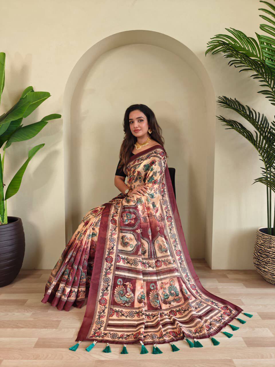 Pure Malai Cotton Saree – Digital Print with Kalamkari Patterns