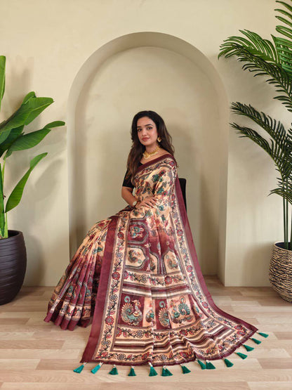 Pure Malai Cotton Saree – Digital Print with Kalamkari Patterns