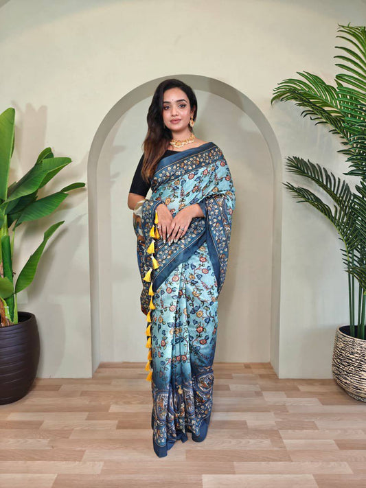 Pure Malai Cotton Saree – Digital Print with Kalamkari Patterns