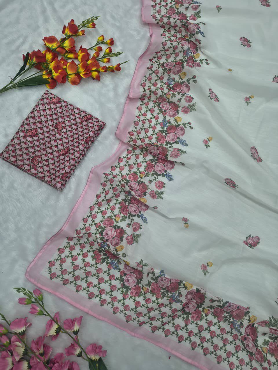 Premium Linen Cotton Saree – Digital Print with Piping Work & Unstitched Blouse