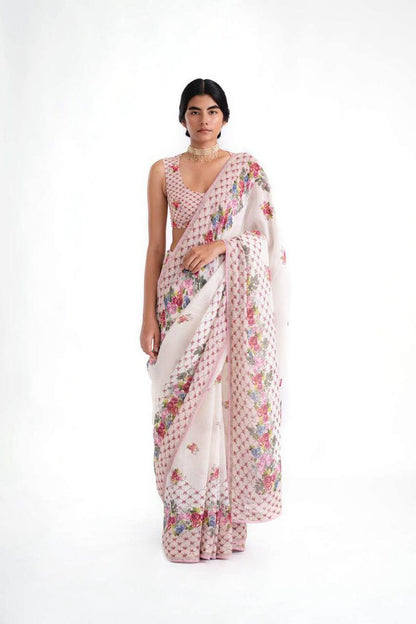 Premium Linen Cotton Saree – Digital Print with Piping Work & Unstitched Blouse