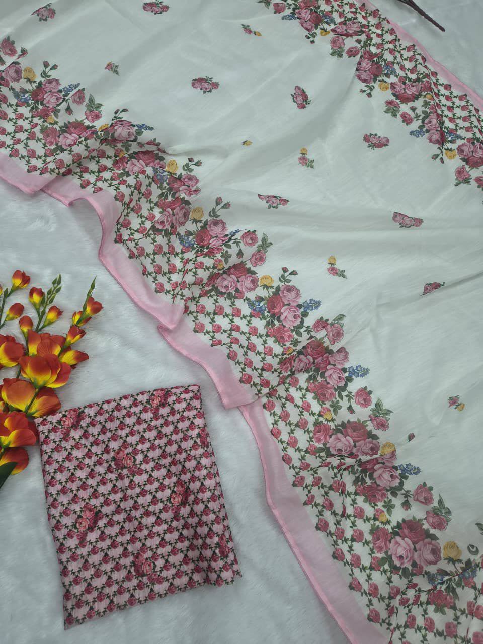 Premium Linen Cotton Saree – Digital Print with Piping Work & Unstitched Blouse