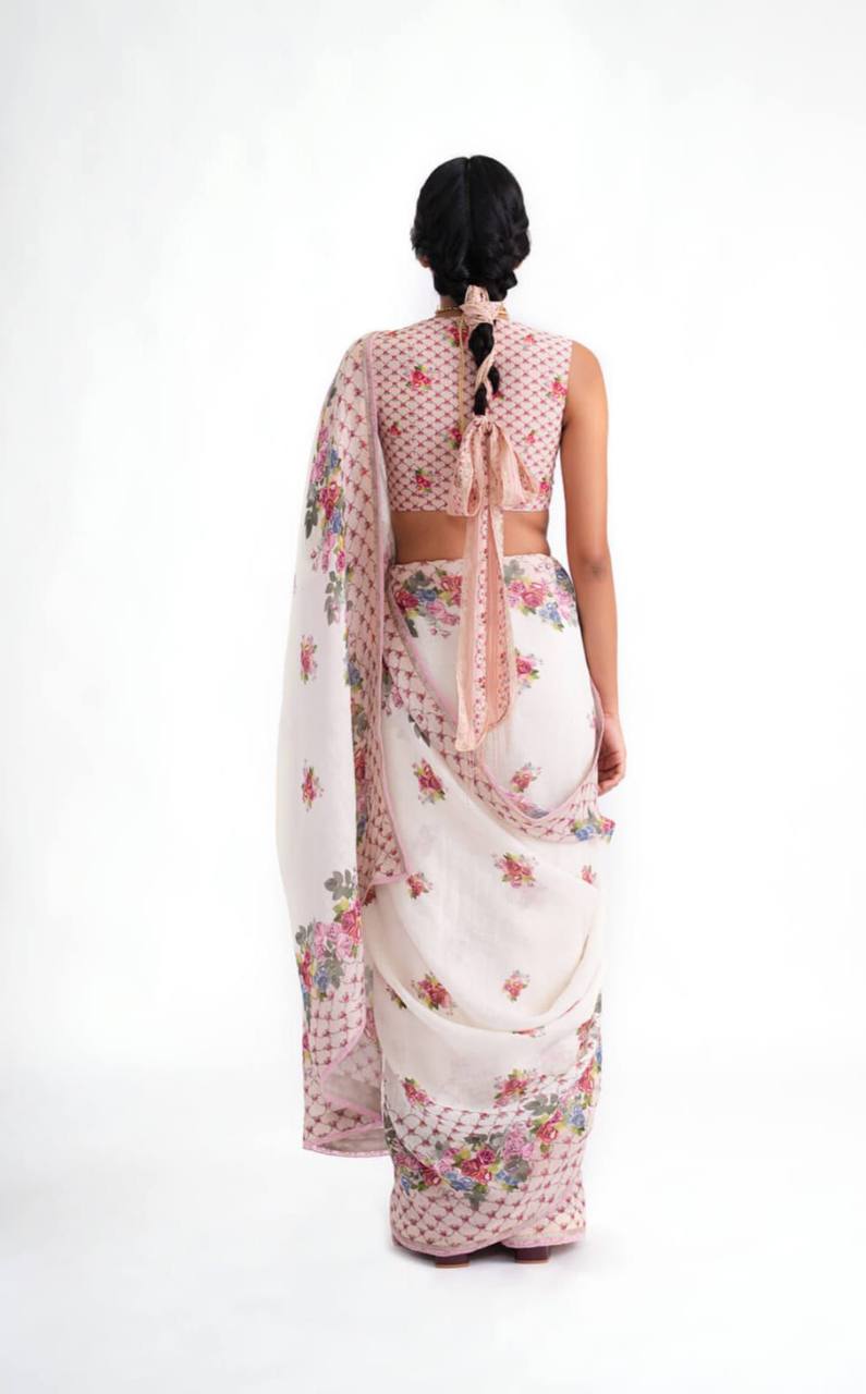 Premium Linen Cotton Saree – Digital Print with Piping Work & Unstitched Blouse