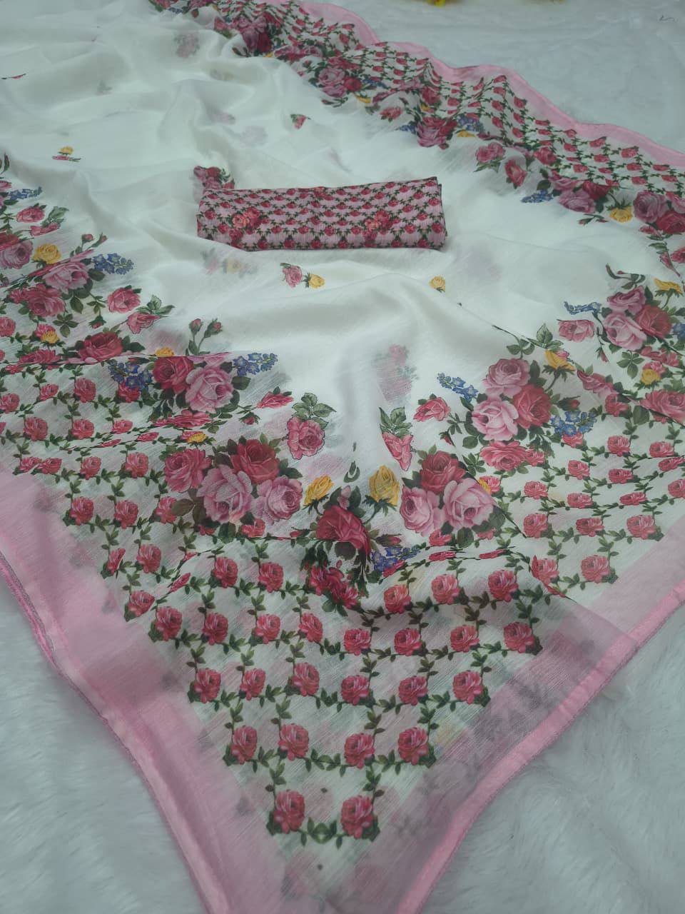 Premium Linen Cotton Saree – Digital Print with Piping Work & Unstitched Blouse