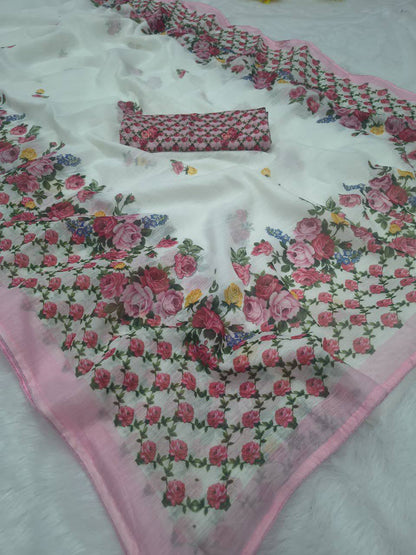Premium Linen Cotton Saree – Digital Print with Piping Work & Unstitched Blouse