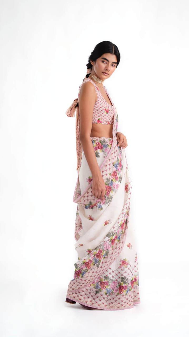 Premium Linen Cotton Saree – Digital Print with Piping Work & Unstitched Blouse