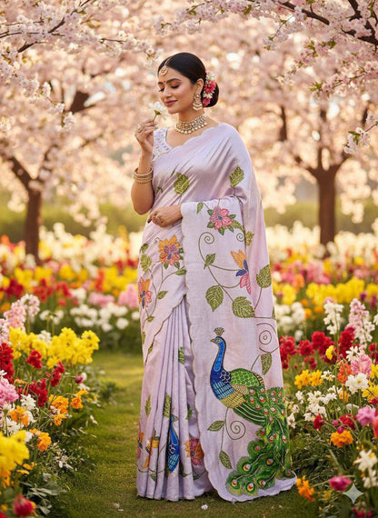 Pure Malai Silk Saree – Peacock & Floral Digital Print