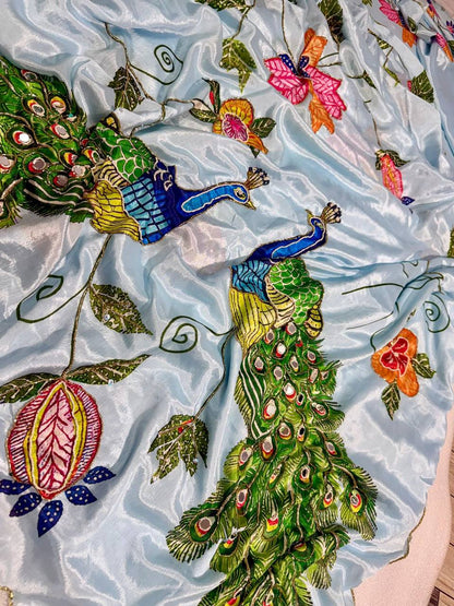 Pure Malai Silk Saree – Peacock & Floral Digital Print