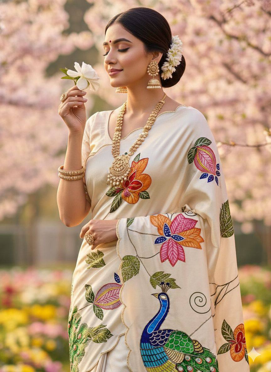 Pure Malai Silk Saree – Peacock & Floral Digital Print