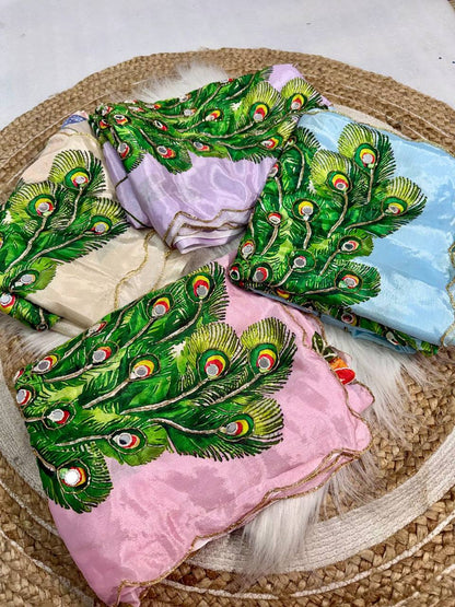 Pure Malai Silk Saree – Peacock & Floral Digital Print