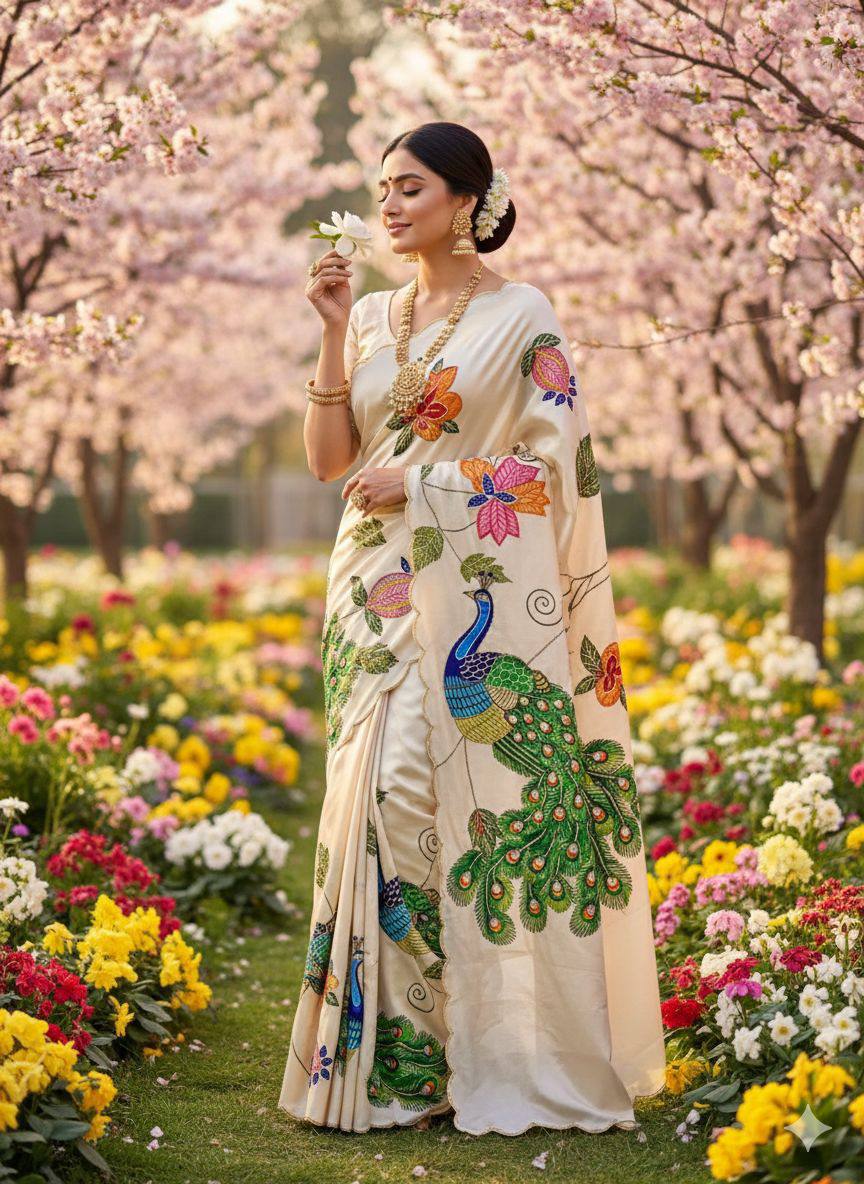 Pure Malai Silk Saree – Peacock & Floral Digital Print