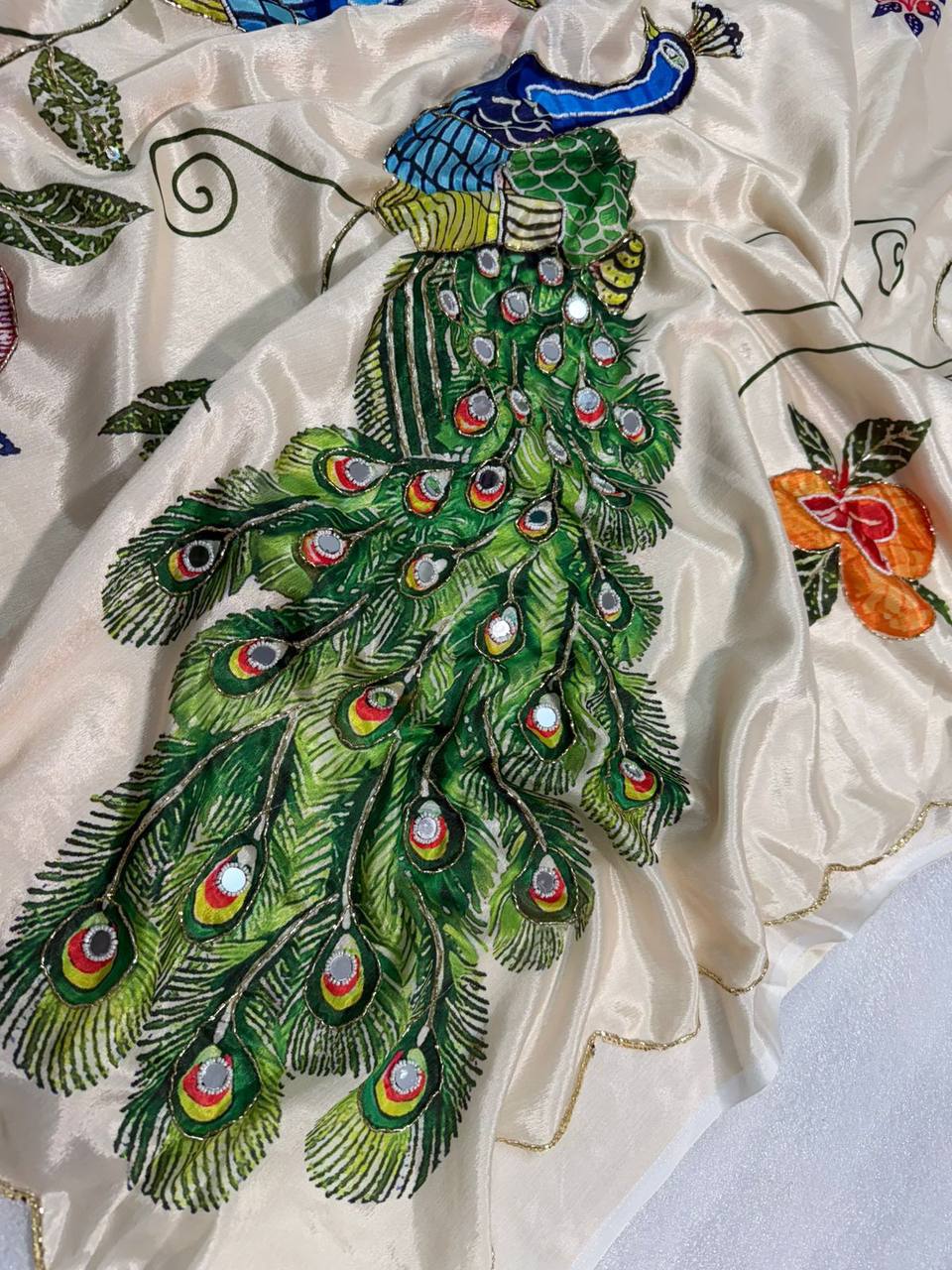 Pure Malai Silk Saree – Peacock & Floral Digital Print