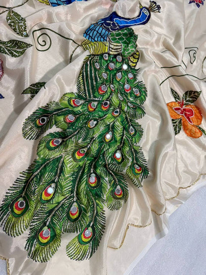 Pure Malai Silk Saree – Peacock & Floral Digital Print