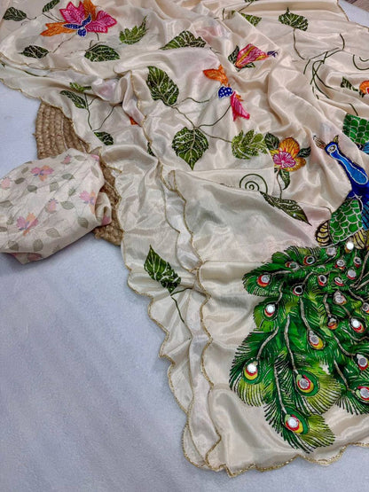 Pure Malai Silk Saree – Peacock & Floral Digital Print