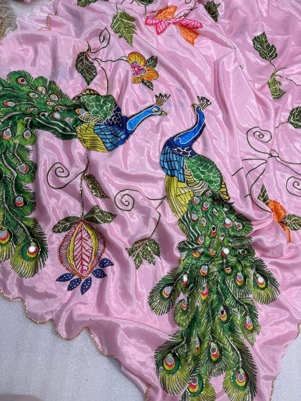Pure Malai Silk Saree – Peacock & Floral Digital Print