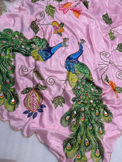 Pure Malai Silk Saree – Peacock & Floral Digital Print