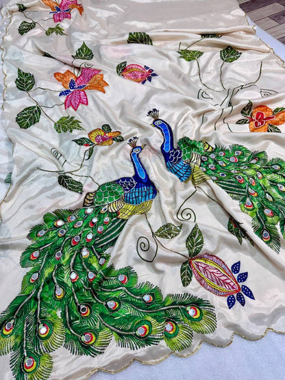 Pure Malai Silk Saree – Peacock & Floral Digital Print