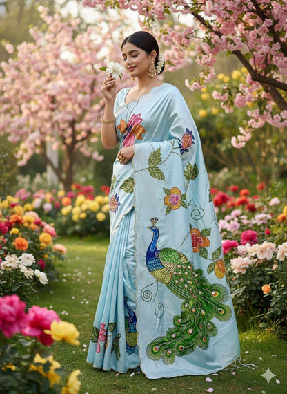 Pure Malai Silk Saree – Peacock & Floral Digital Print