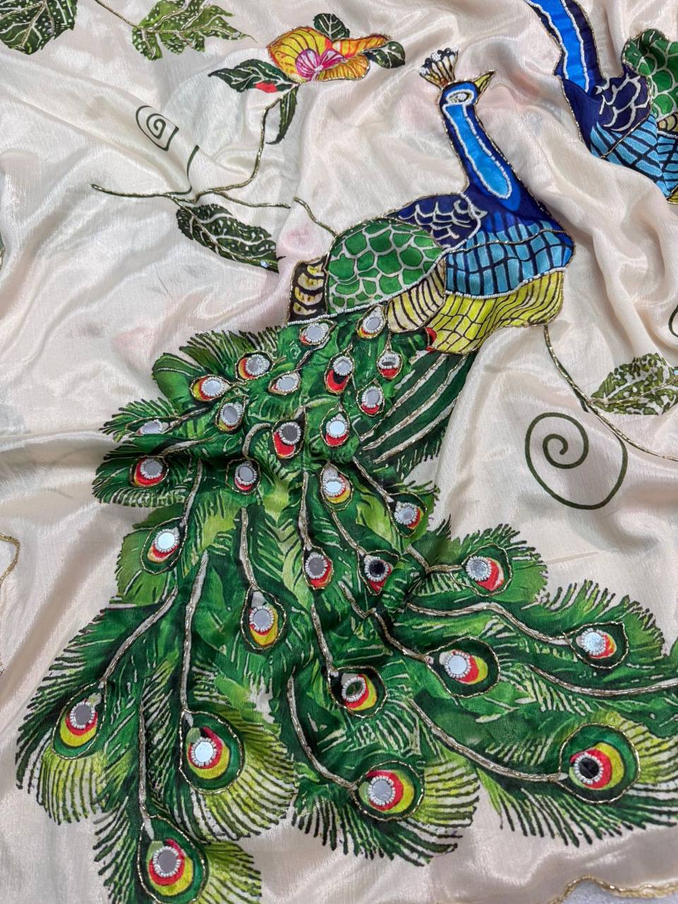 Pure Malai Silk Saree – Peacock & Floral Digital Print