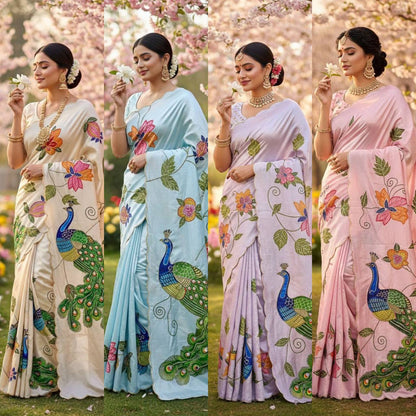 Pure Malai Silk Saree – Peacock & Floral Digital Print