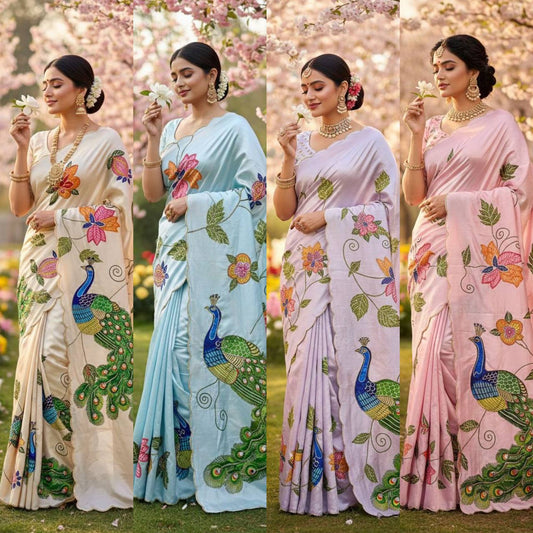 Pure Malai Silk Saree – Peacock & Floral Digital Print