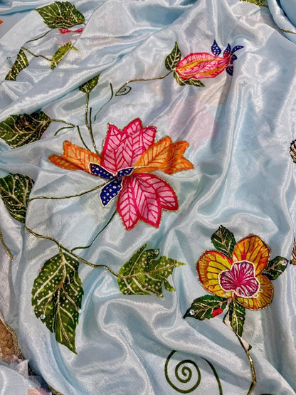 Pure Malai Silk Saree – Peacock & Floral Digital Print