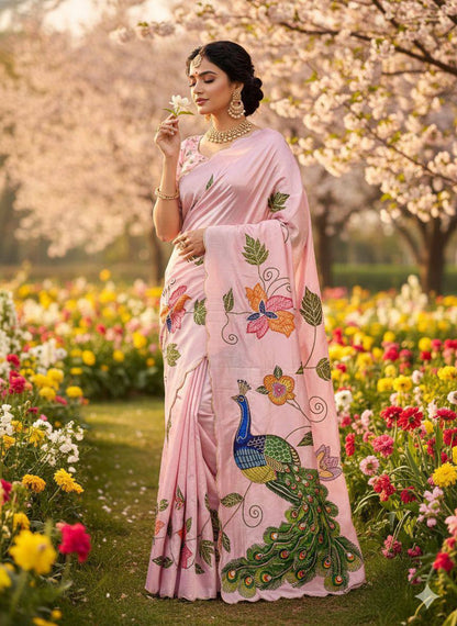 Pure Malai Silk Saree – Peacock & Floral Digital Print