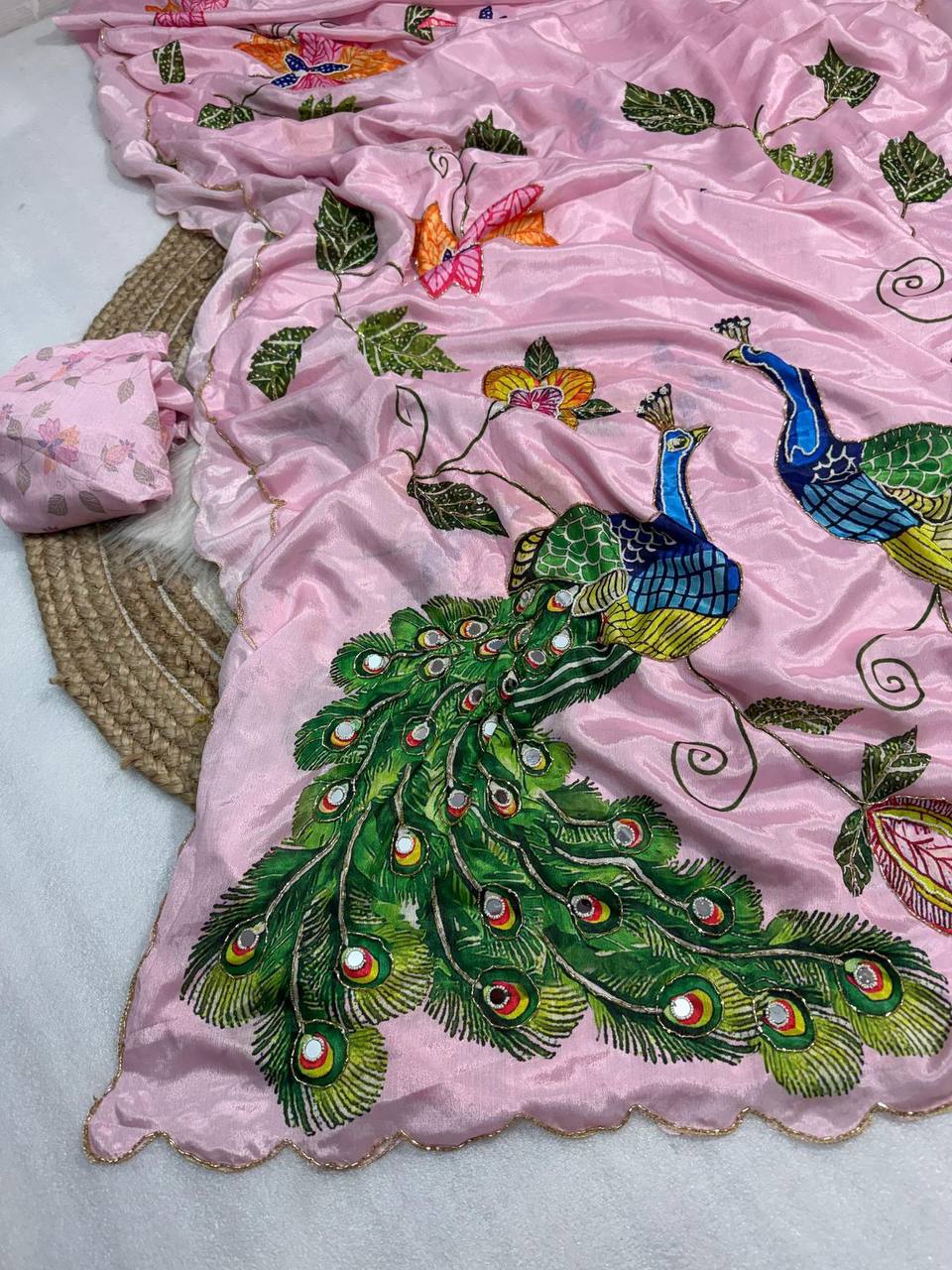 Pure Malai Silk Saree – Peacock & Floral Digital Print