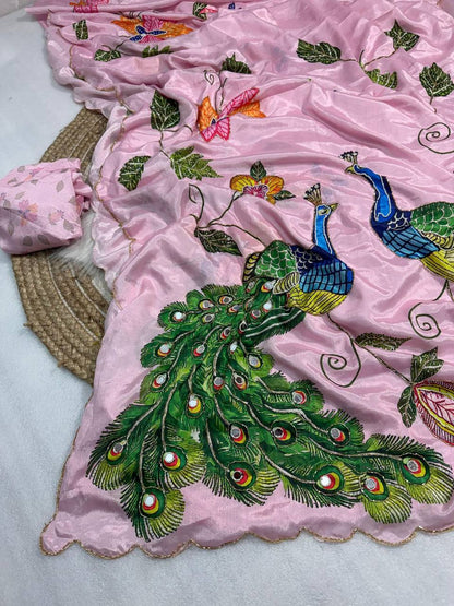 Pure Malai Silk Saree – Peacock & Floral Digital Print