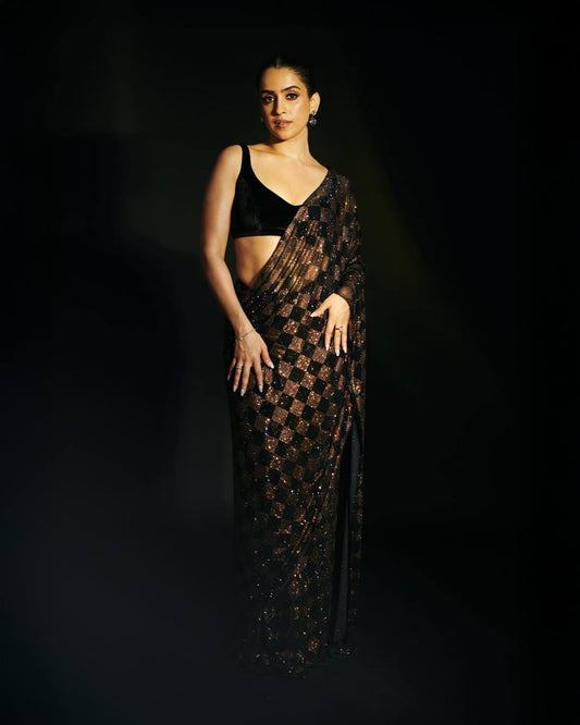 Bollywood Blockbuster Faux Georgette Saree – Dual Sequins Square Box Embroidery