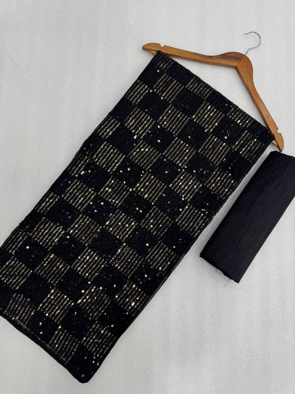 Bollywood Blockbuster Faux Georgette Saree – Dual Sequins Square Box Embroidery