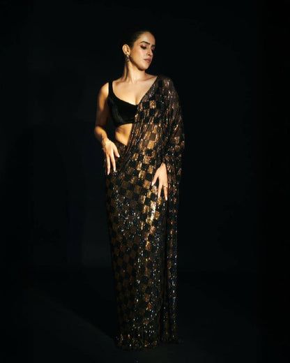 Bollywood Blockbuster Faux Georgette Saree – Dual Sequins Square Box Embroidery
