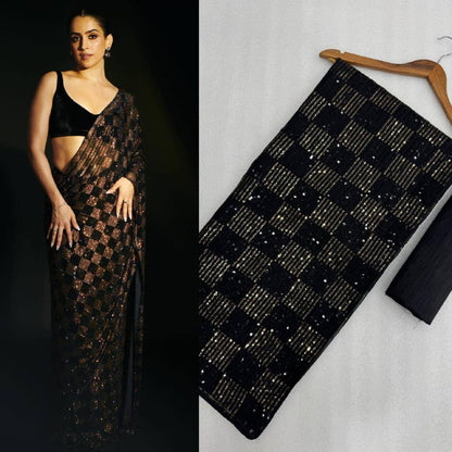 Bollywood Blockbuster Faux Georgette Saree – Dual Sequins Square Box Embroidery