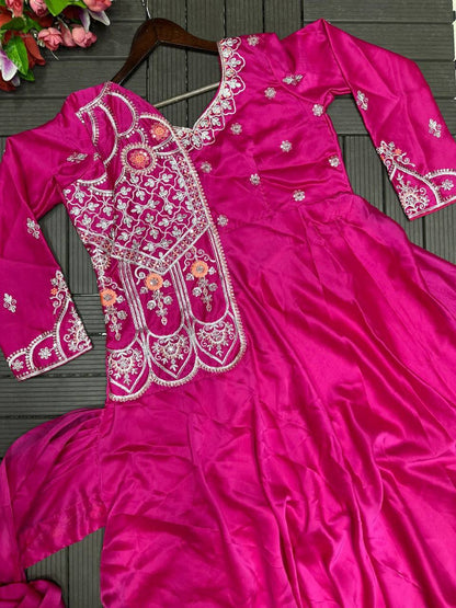 Party Wear Rangoli Silk Designer Gown with Embroidered Koti & Dupatta
