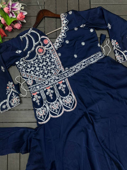 Party Wear Rangoli Silk Designer Gown with Embroidered Koti & Dupatta