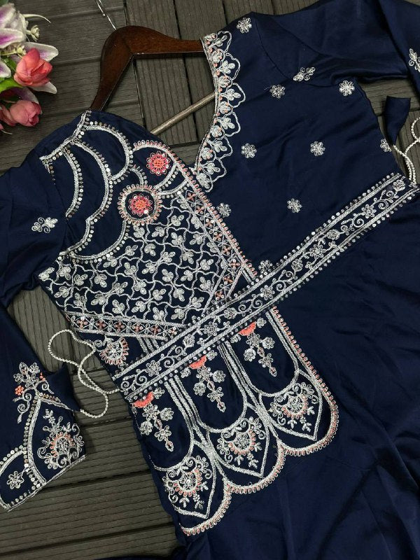 Party Wear Rangoli Silk Designer Gown with Embroidered Koti & Dupatta