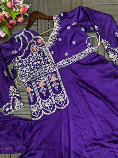 Party Wear Rangoli Silk Designer Gown with Embroidered Koti & Dupatta