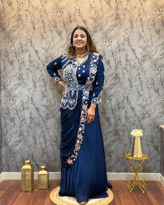 Party Wear Rangoli Silk Designer Gown with Embroidered Koti & Dupatta