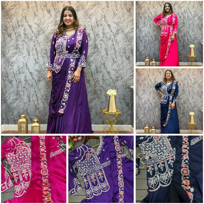 Party Wear Rangoli Silk Designer Gown with Embroidered Koti & Dupatta