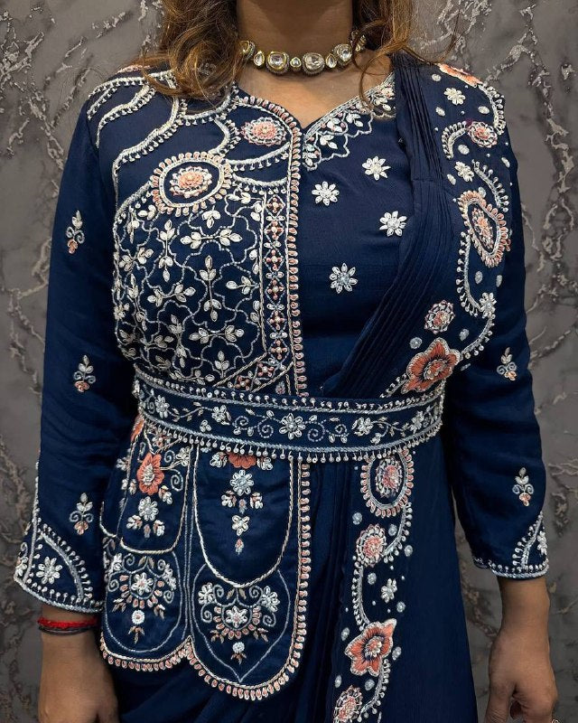 Party Wear Rangoli Silk Designer Gown with Embroidered Koti & Dupatta